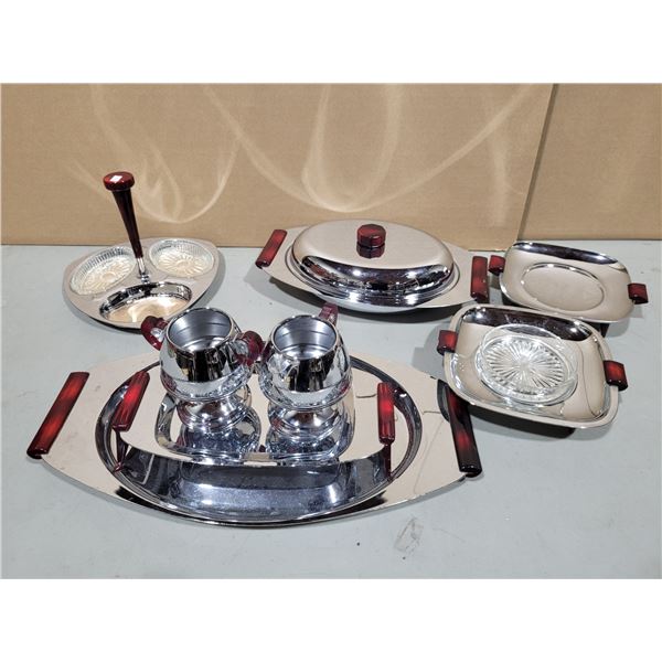 VTG Glo-Hill Gourmates Chrome Serving Set w/ Cherry Red Bakelite Handles & Glass Inserts