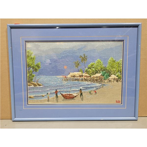 Framed Hand-Stitched Needlepoint Tropical Beach Village Scene