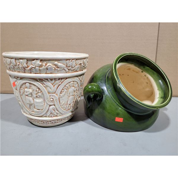 Two VTG Ceramic Pieces - Classical Relief Jardiniere Planter & Green Cuspidor/Spittoon