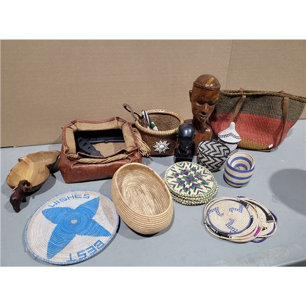 Lot of African Handwoven Baskets, Hand-Carved Folk Art, & More