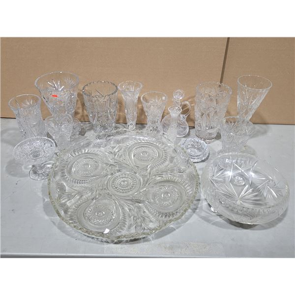 VTG Cut & Pressed Glass Tableware w/ Vases, Serving Tray, & Bowls