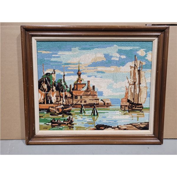 Framed Hand-Stitched Needlepoint Shipyard Scene