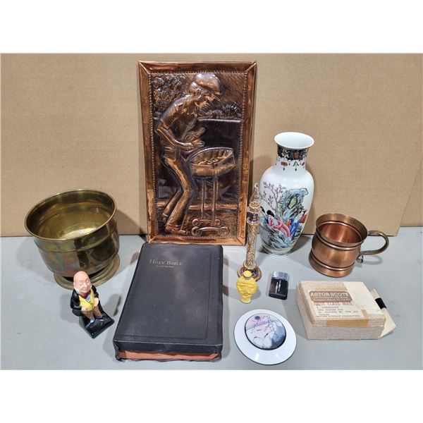 VTG Copper Relief Wall Plaque, Asian Porcelain Vase, Illustrated Holy Bible & More