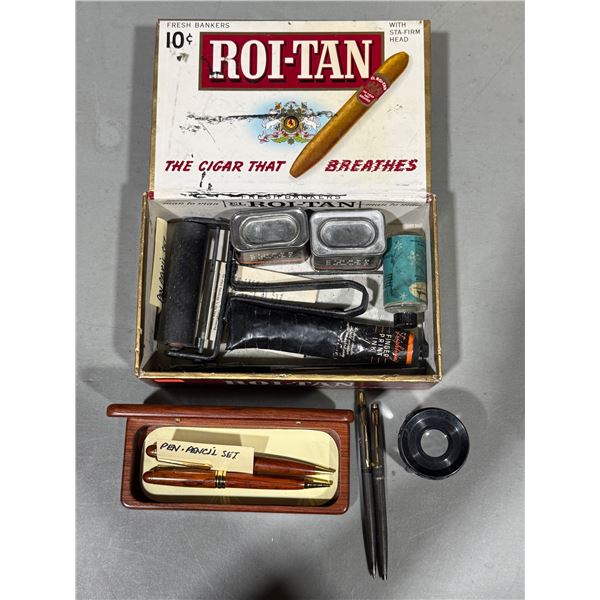 VTG Roi-Tan Cigar Box, Wood Pen & Pencil Set, Accessories & More