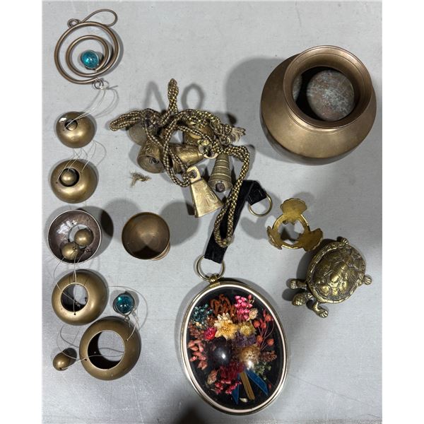 VTG Brass Home Decor Lot – Indian Lota Pot, Temple Bells, Wind Chime & Turtle