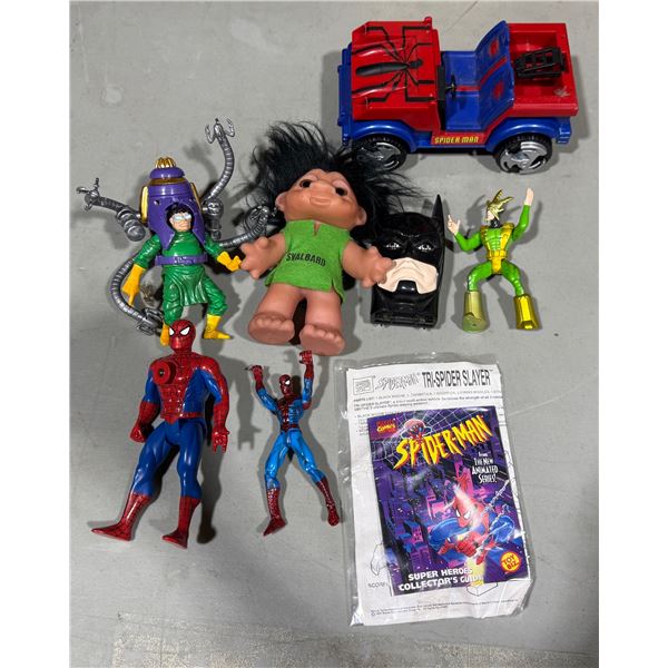 VTG Action Figure Lot w/ Spiderman, Batman, Paperwork & Troll
