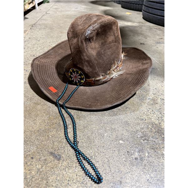 VTG Lanning Western Suede Cowboy Hat Beadwork & Feather