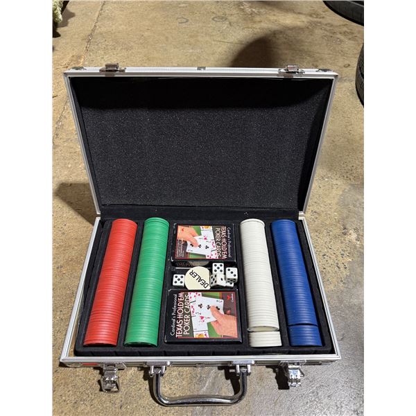 Poker Chip Set w/ 2 Decks Playing Cards, Dice & Dealer Button in Aluminum Case