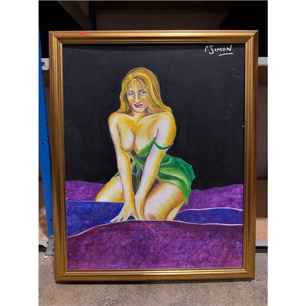 VTG Framed Boudoir Pin-Up Oil Painting Signed P. Simon