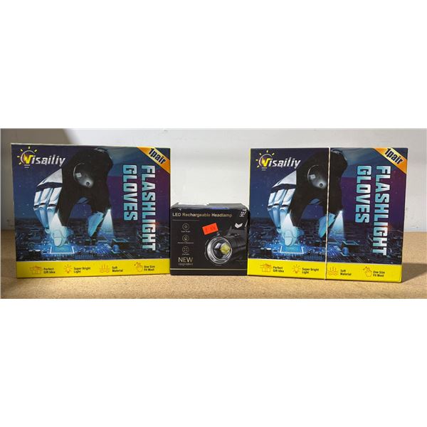 Lot of 2 Two Visailiy LED Flashlight Gloves Pairs w/ LED Rechargeable Headlamp