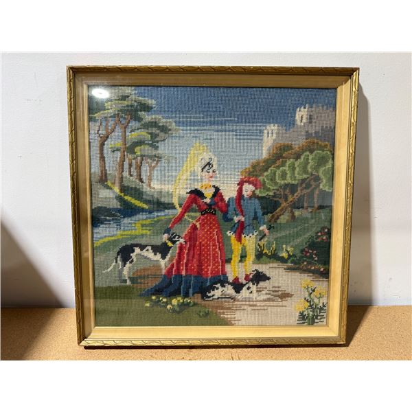 VTG Framed Needlepoint Embroidery Tapestry Medieval