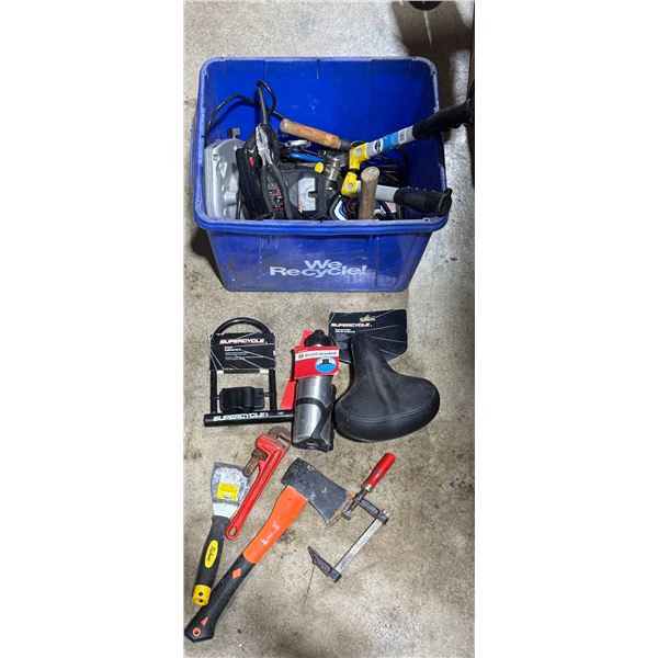 Variety Lot of Tools / Garage Gear w/ Supercycle Bike Lock & Seat, Axe, & More