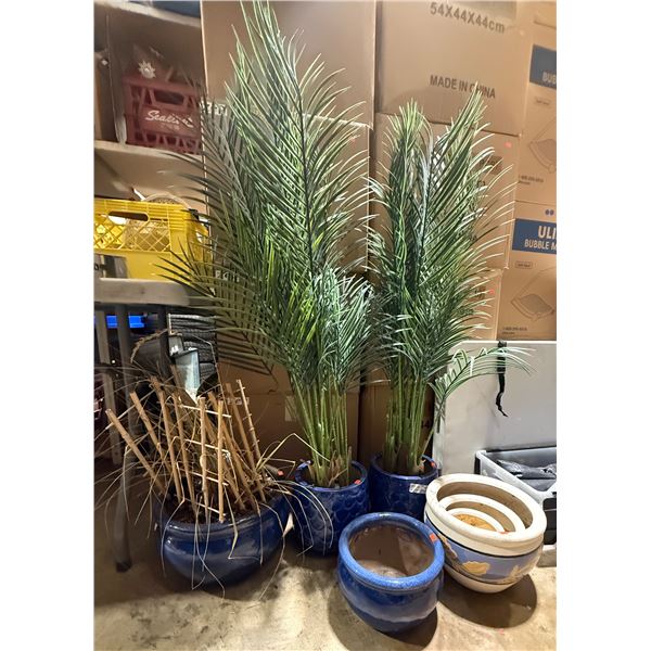 Lot w/ Two Faux Trees & Assortment of Planters