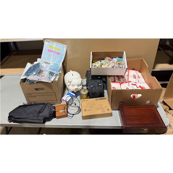 Variety Lot w/ NHL & Assorted Sports Cards, Wet Wipes, Piggy Bank, & More