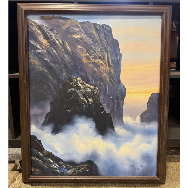 VTG Coastal Landscape Oil Painting Ocean Waves and Cliffs
