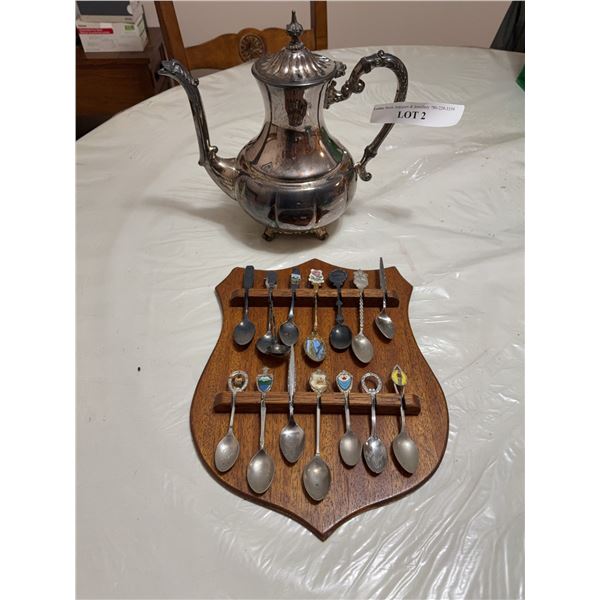 Silver-Plated Teapot and Collector Spoons on Plaque