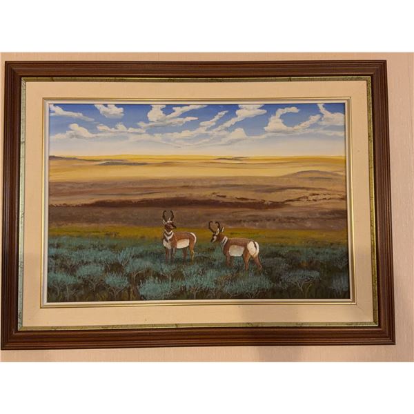 Original 31 x 23 Painting of Pronghorns in Western Landscape