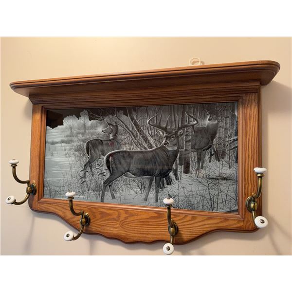 Wooden Wall Shelf with Deer Illustration and Coat Hooks