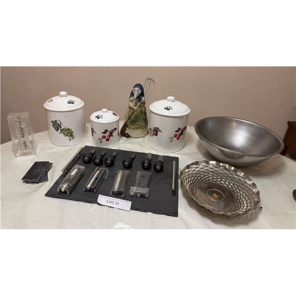 Kitchenware Lot With Canisters, Utensils, and Bowls