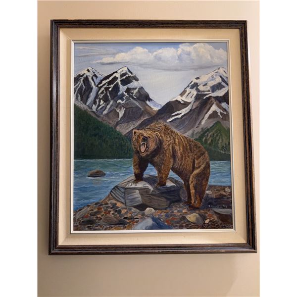 Framed Painting of Bear by Mountain Lake