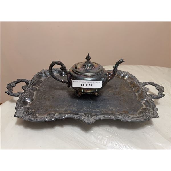 Silver Plated Ornate Tray and Teapot Set