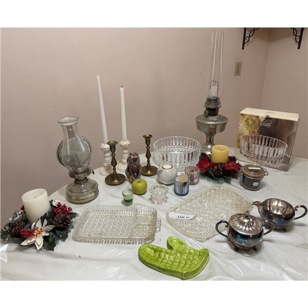 Lot: Oil Lamps, Candleholders, Silver Plate Pieces, Glassware