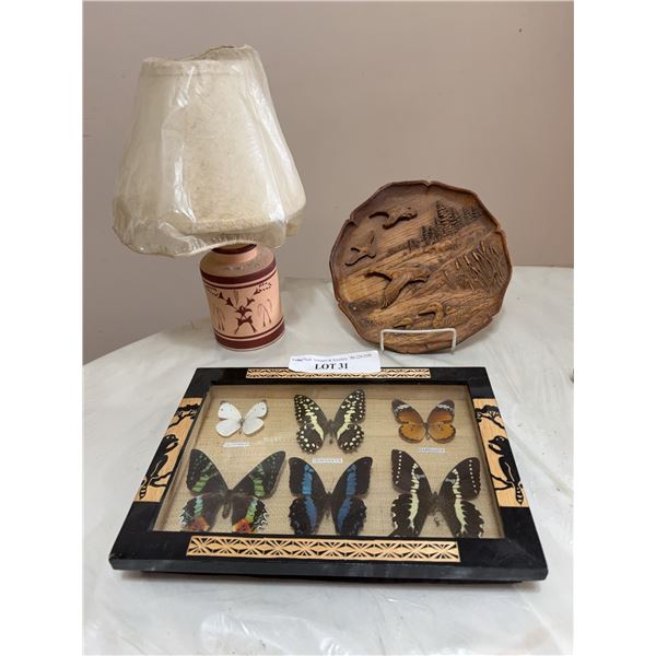 Decorative Butterfly Shadowbox, Carved Plate, and Lamp