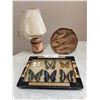 Image 1 : Decorative Butterfly Shadowbox, Carved Plate, and Lamp