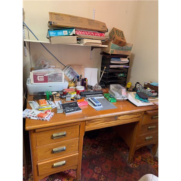 Large Oak Office Desk and Assorted Stationery