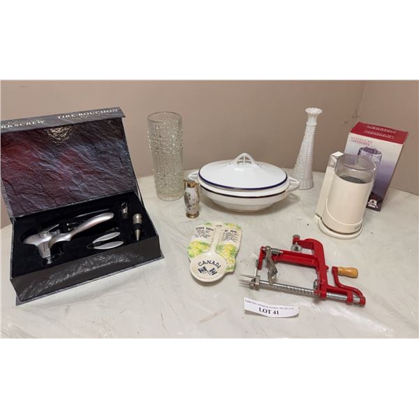 Housewares Lot: Corkscrew, Porcelain, Kitchen Tools