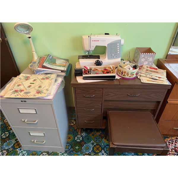 2 Sewing Machines with Filing Cabinet and Supplies