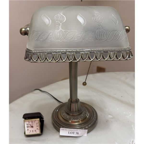 Frosted Glass Bankers Lamp and Foldable Clock