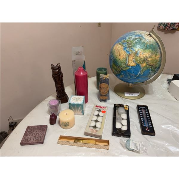 Lot: Candles, Candle Holders, Globe, and Decor