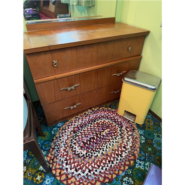 Mid-Century Dresser, Braided Rug and Garbage Bin