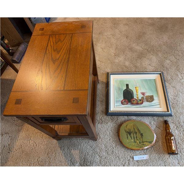 Mission Style Oak Table, Oil Painting, Bottle, Plaque