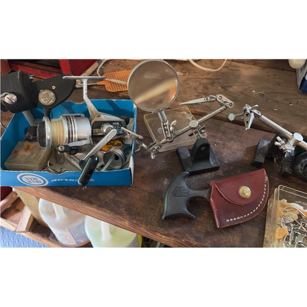 Fishing Reels, Fly Tying Clamps, Hooks & Vintage Knife