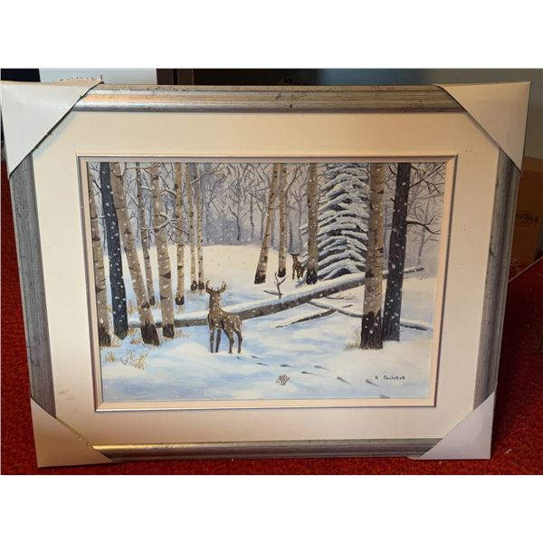 Framed B. Fairbank Winter Forest Deer Painting