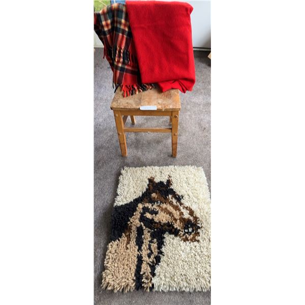 Wood Chair, Horse Rug, and Two Blankets
