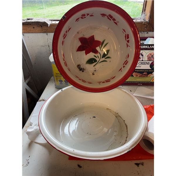 Two Red-Rimmed Enamel Bowls with Floral Decor