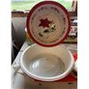 Image 1 : Two Red-Rimmed Enamel Bowls with Floral Decor