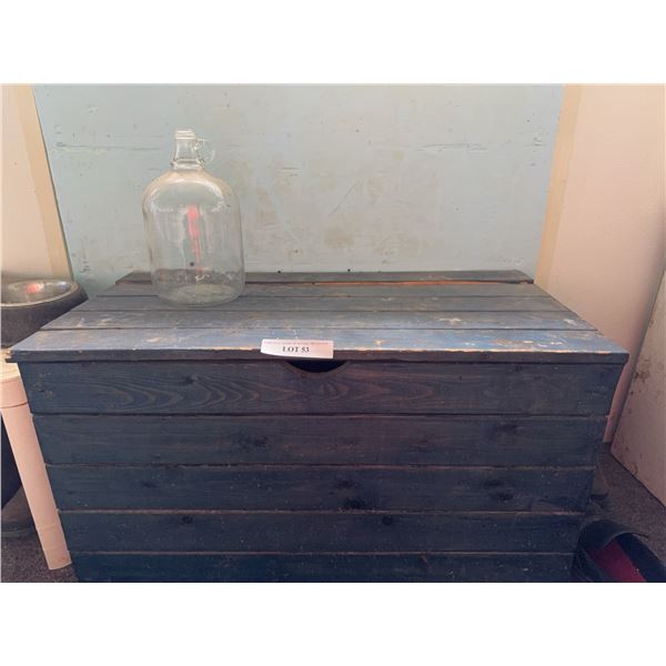 Wooden Storage Chest and Glass Jug