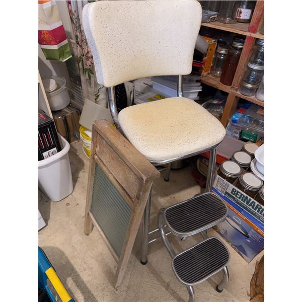 Retro Chrome Step Stool and Glass Washboard