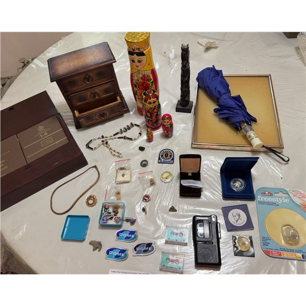 Collectibles Lot: Jewelry, Matryoshka Dolls, Coins, Tapes