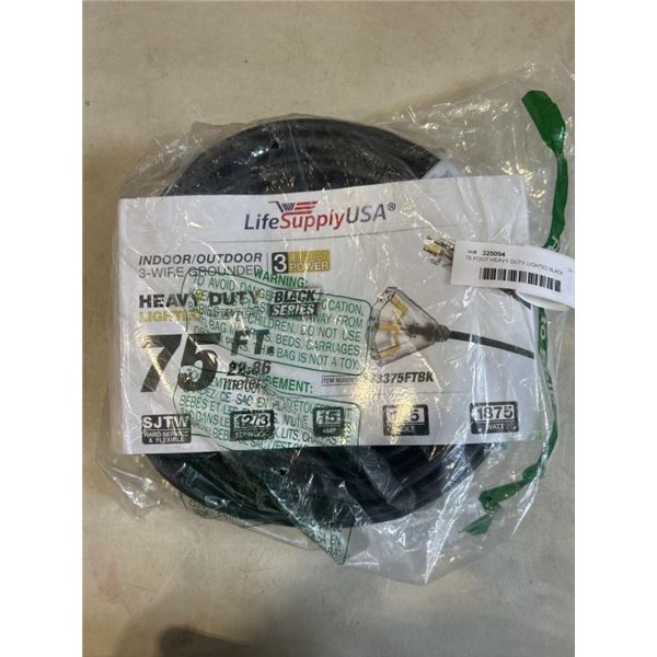 75 FOOT HEAVY DUTY LIGHTED BLACK EXTENSION CORD. 12AWG/3C