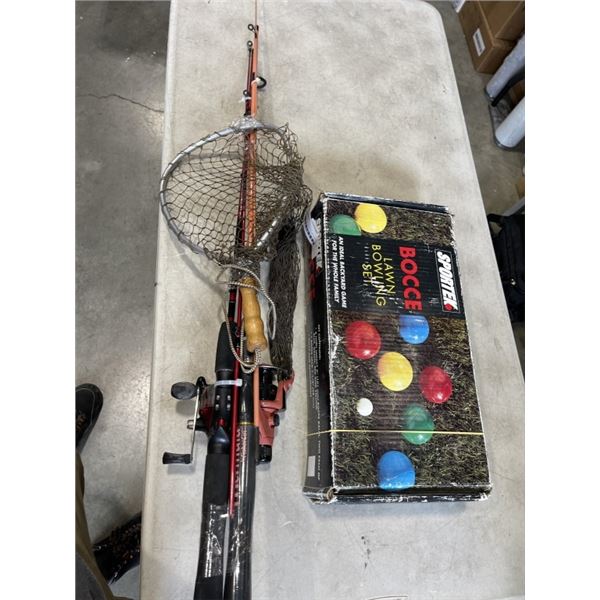 SPINNING RODS, FISHING NET AND BOCCE BALLS