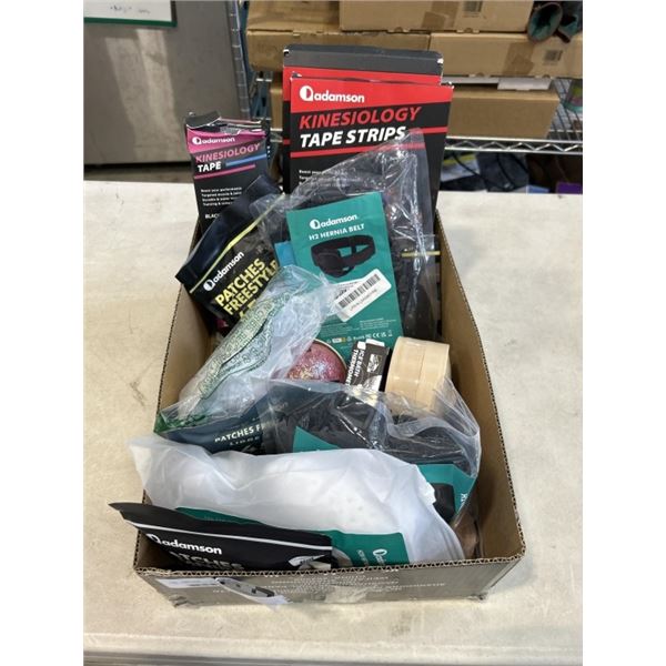 TRAY OF ADAMSON PRODUCTS INCLUDING KINESIOLOGY TAPE STRIPS, HERNIA BELTS, OMNIPOD5 PATCHES, KEYSTONE