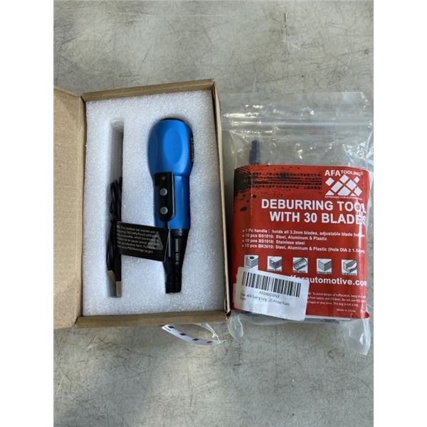 AS NEW NEIKO 1/4 3.6V MANUAL & ELECTRIC SCREWDRIVER AND AS NEW AFA TOOLING DEBURRING TOOL WITH 30 BL