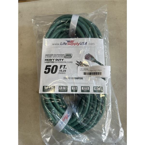 APPROX 50 FEET HEAVY DUTY GREEN EXTENSION CORD. 12AWGX3C