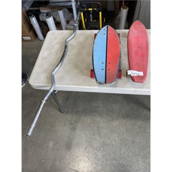 CURL BAR, KIDS XL HOCKEY GLOVES  AND 2 SKATE BOARDS