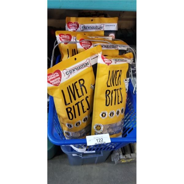 5 BAGS LIVER BITES DOG & CAT TREATS (500G EACH) IN PLASTIC SHOPPING BASKET
